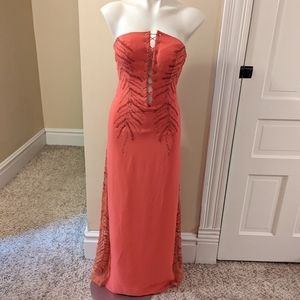 Y2K Riva Designs salmon color strapless prom lace front beaded size 6